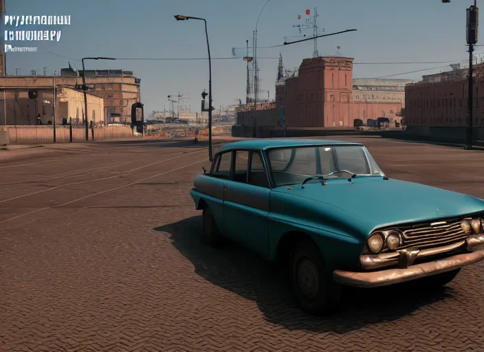 Image similar to hyperrealistic matte painting of gta game in soviet moscow, 1 9 6 0, playstation 5 screenshot, fine details, golden hour, beautiful rtx reflections, soviet suburbs, photorealistic, unreal engine 5, octane render, volumetric light, featured on cg society, 4 k, 5 0 mm bokeh, russian lada car, artstation