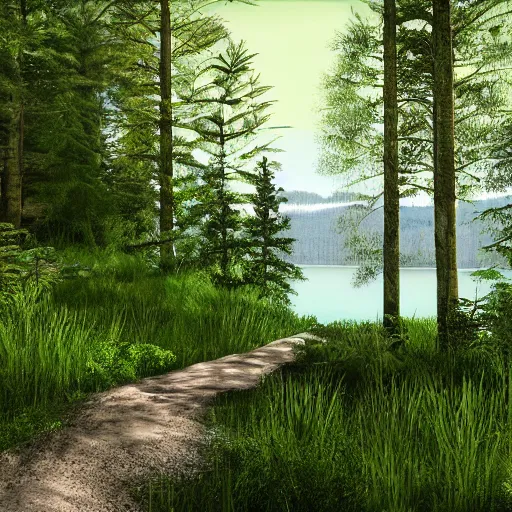 Image similar to walk in nature on lsd, in a forest by a lake, trail with green trees, ultra realistic, high detail, 4 k