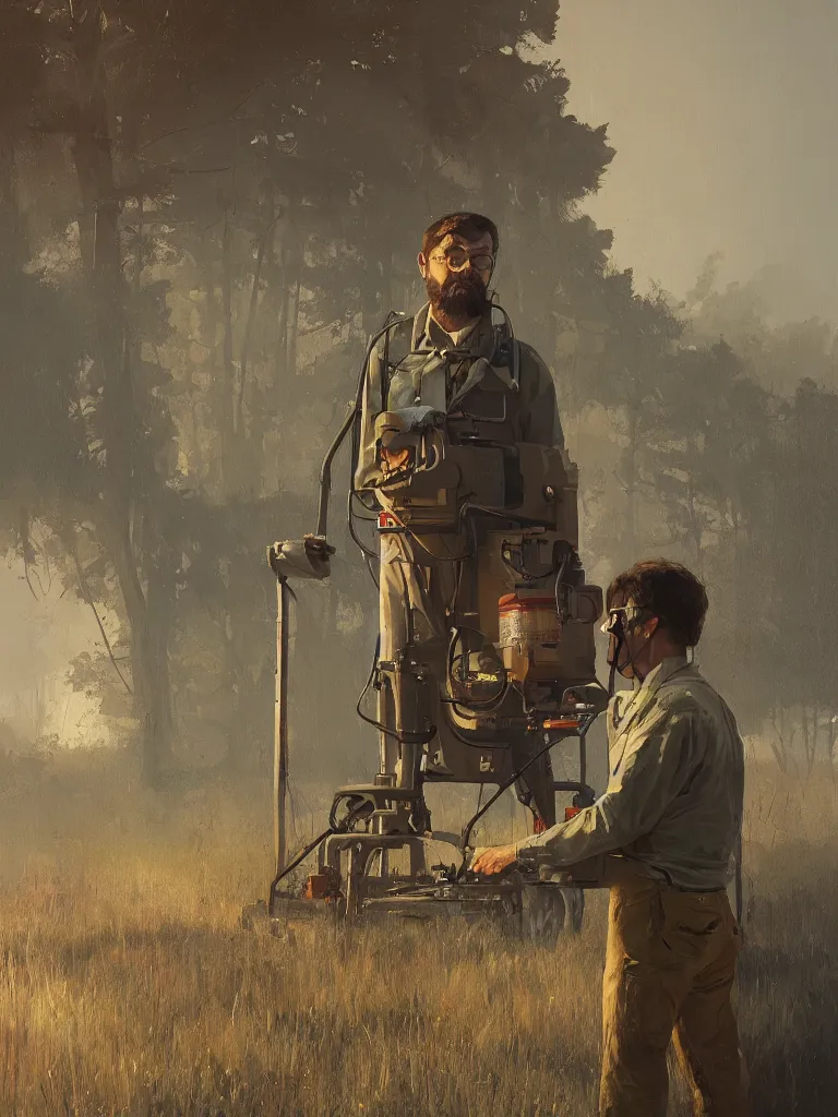 Prompt: a portrait of a researcher like indianer jones in a painting from stalenhag, 4 k, 8 k, hdr, artstation