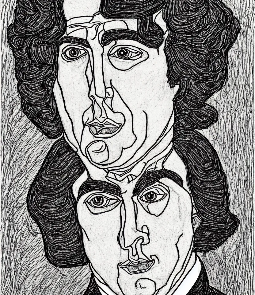 Image similar to detailed line art portrait of oscar wilde, inspired by egon schiele. caricatural, minimalist, bold contour lines, musicality, soft twirls curls and curves, confident personality, raw emotion