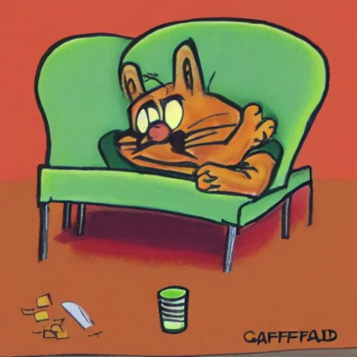 Image similar to Garfield sitting in a green lounge chair reading the newspaper looking for an item on the side table, in the style of garfield