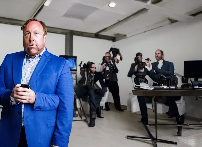 Image similar to dslr photo still of infowars host alex jones in a blue suit fat beard and mustache sitting depressed in a room filled to the ceiling with cell phones, 5 2 mm f 5. 6