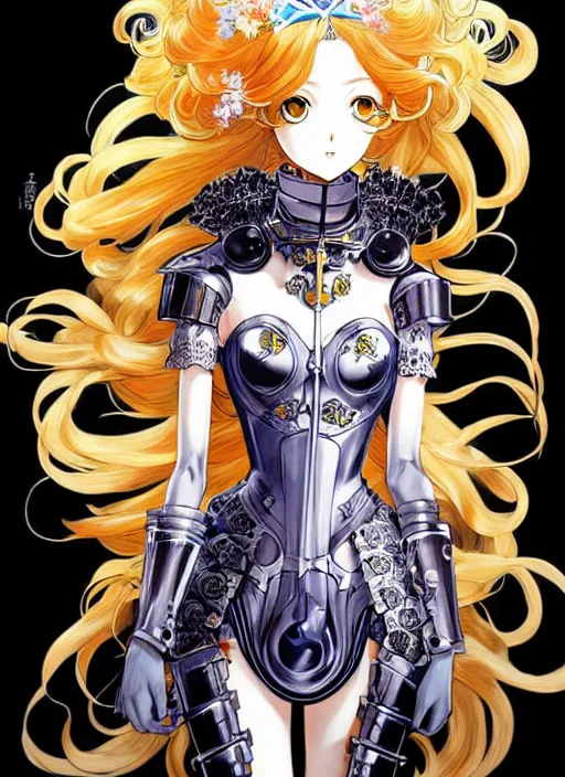 Image similar to exquisite imaginative fate manga poster of princess mechine, long curl hair, art nouveau, armor, ruffles, by katsuhiro otomo, shigenori soejima, minaba hideo, jump comics, fluorescent, illustration, artstation, dark fantastic, highly detailed, 8 k, maximalist,