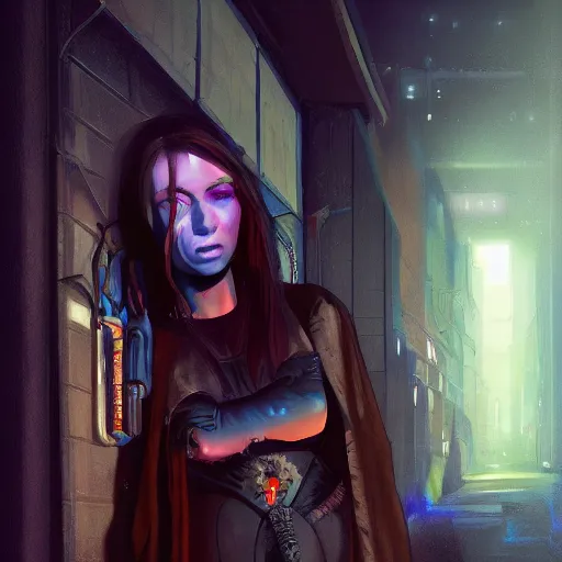 Image similar to a beautiful realistic portrait of a cyberpunk priestess in a dark alley