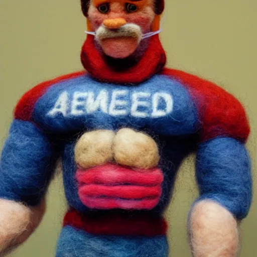 Image similar to a needle felted arnold schwarzenegger, needle felting art.