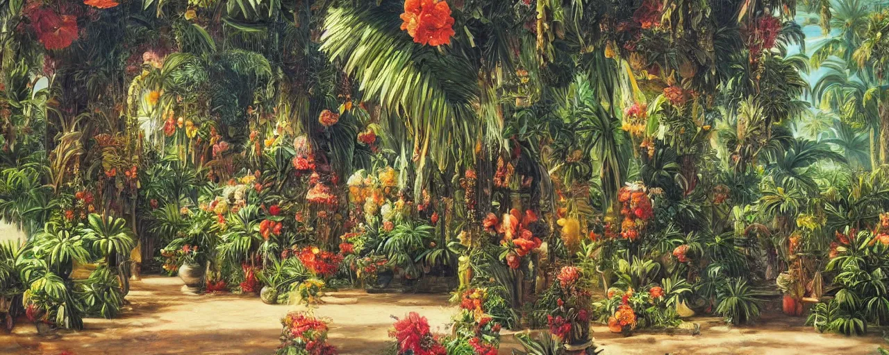 Image similar to a highly detailed oil painting of Tropical Flowers, a view from ground level: elegant, ornate, daytime. this is a beautifully lit scene.