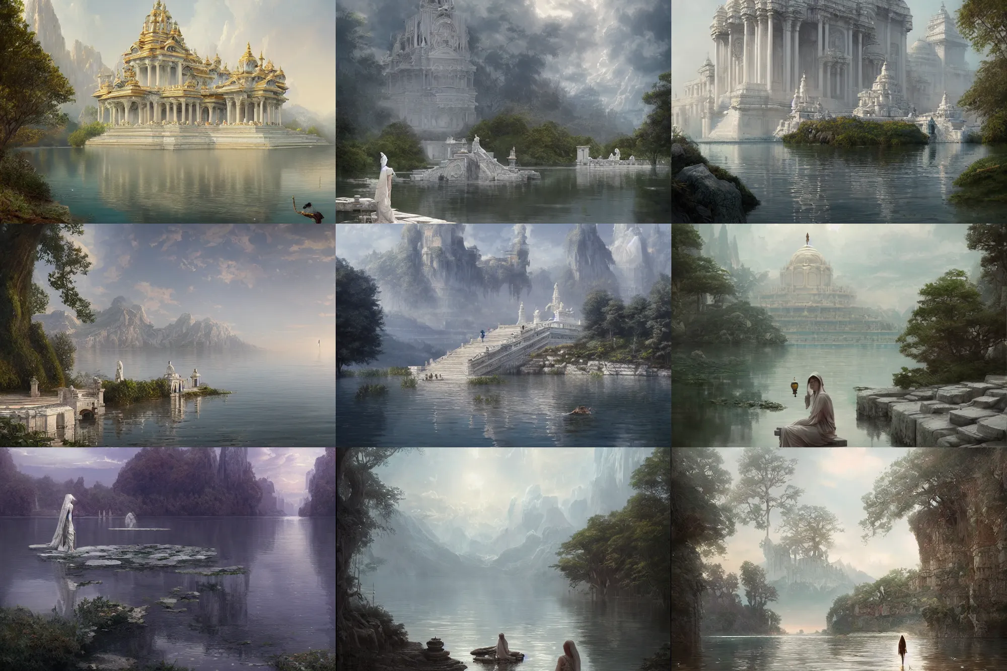 Prompt: a beautiful lake with a white marble temple to the water goddess, a fantasy digital painting by greg rutkowski and james gurney, trending on artstation, highly detailed