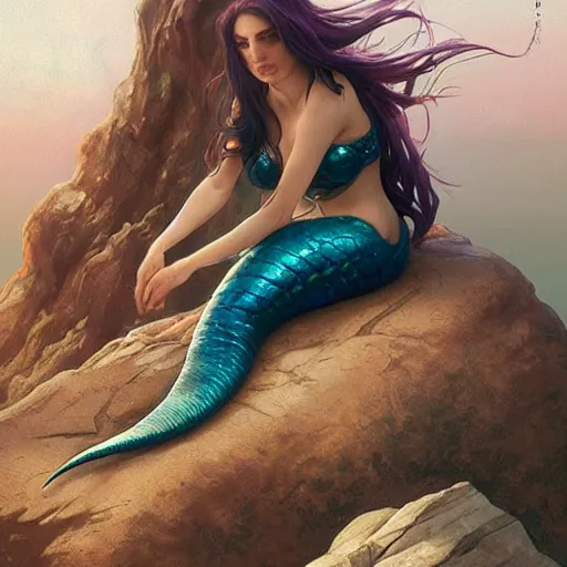 Image similar to mermaid siting on a rock, her hair is flowing down, highly detailed, digital painting, artstation, concept art, sharp focus, illustration, art by artgerm and greg rutkowski and alphonse mucha