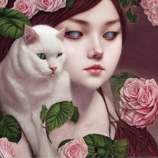 Prompt: white ( cat ) girl, botanical, rose, portrait face, colorful, kupka, intricate, miles johnston, kuroda seiki, ozabu, godward, painterly, yoshitaka amano, moebius, miles johnston, louise zhang, james jean, mark ryden lowbrow pop surrealism art style