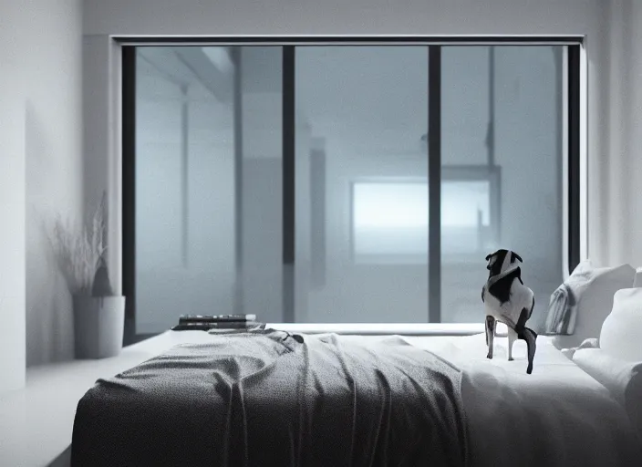 Prompt: photography of a Jack Russel watching outside the window on a bed in a 3d rendered white room, octane render, 3d, foggy, volumetric light, volumetric fog, photorealistic, unreal engine 5