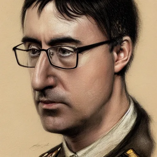 Prompt: portrait of stoic looking john oliver as in the vigo carpathian painting, military uniform, fantasy, intricate, elegant, beautiful, highly detailed, charcoal, centered, dark, smokey, digital painting, artstation, concept art, smooth, sharp focus, illustration, art by artgerm and greg rutkowski and alphonse mucha