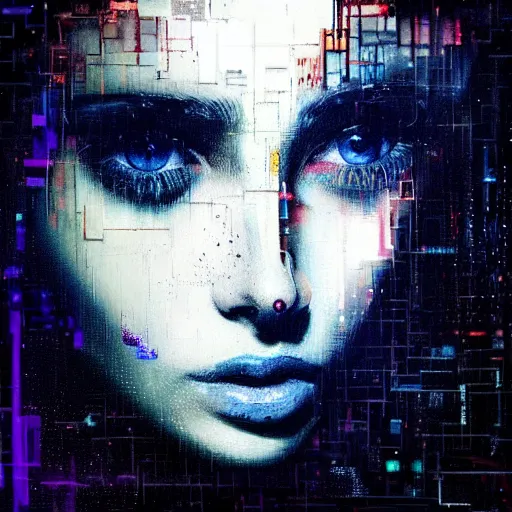 Prompt: hyperrealistic portrait of a young women with crystal eyes, glowing eyes, by Guy Denning, by Johannes Itten, by Russ Mills, glitch art, hacking effects, digital tech effects, cyberpunk, color blocking!, oil on canvas, intricate detail, concept art, abstract, detailed lines, clean, polished, symmetrical, octane, cgsociety, 8k, trending on artstation