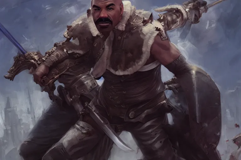 Image similar to portrait of steve harvey with a broadsword, fighting a zombie horde, charlie bowater, artgerm, ilya kuvshinov, krenz cushart, ruan jia, realism, ultra detailed, 8 k resolution