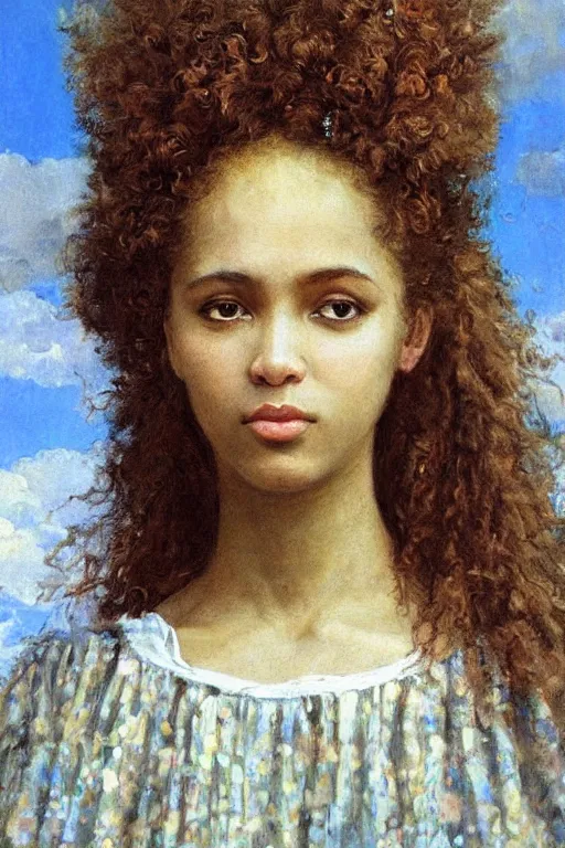 Prompt: close - up fashion afro woman portrait airy flowers cloudy sky art by vasnetsov