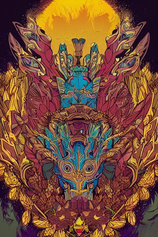 Image similar to animal mask totem roots flower tribal feather gemstone plant wood rock shaman vodoo video game vector cutout illustration vivid multicolor borderlands comics by josan gonzales and dan mumford radiating a glowing aura