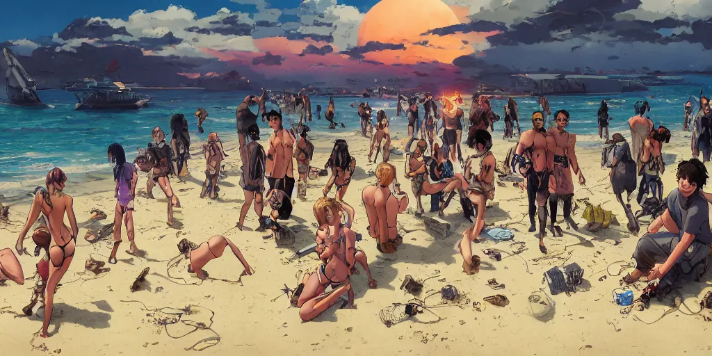 Image similar to Precisely drawn illustration of a small fantasy camp on a beach. Wide angle, Sharp, Fine Details, Anime, Manga, Cyberpunk, realistic shaded lighting, in style of Katsuhiro Otomo, Ghost in the Shell, Magali Villeneuve, Artgerm, Rutkowski, Jeremy Lipkin, Giuseppe Dangelico Pino, Michael Garmash and Rob Rey