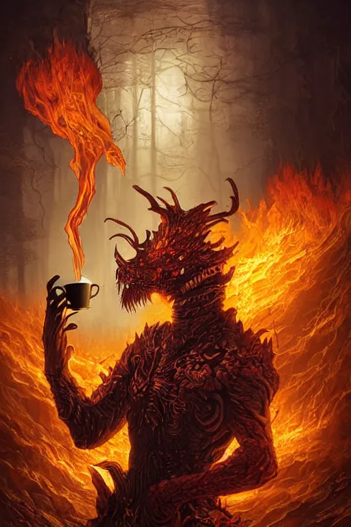 Prompt: highly detailed elden ring portrait photo of a flamewalker holding a burning cup of coffee in a scenic dystopian environment, hyperrealistic illustration by william didier - pouget