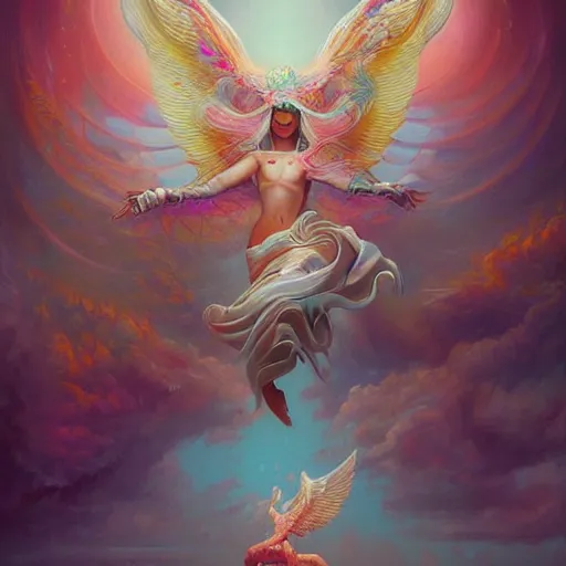 Image similar to hyper detailed painting, hyperrealist painting of an psychedelic angelic celestial being mythical creature by peter mohrbacher, by sam spratt trending on artstation, sacred geometry, esoteric art