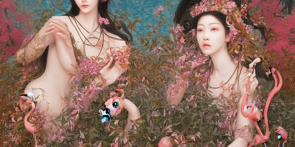 Image similar to breathtaking detailed concept art painting of the goddess of flamingo, orthodox saint, with anxious, piercing eyes, ornate background, amalgamation of leaves and flowers, by Hsiao-Ron Cheng and John James Audubon and Miho Hirano, extremely moody lighting, 8K