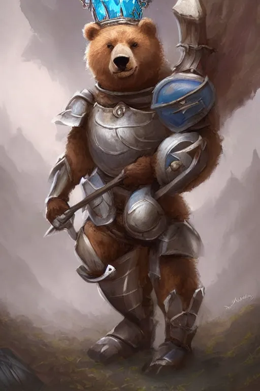 Image similar to cute little anthropomorphic bear knight wearing a cape and a crown, tiny, small, miniature bear, baby animal, short, pale blue armor, cute and adorable, pretty, beautiful, DnD character art portrait, matte fantasy painting, DeviantArt Artstation, by Jason Felix by Steve Argyle by Tyler Jacobson by Peter Mohrbacher, cinematic lighting