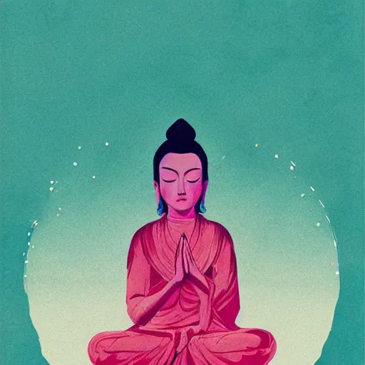 Image similar to contented female bodhisattva, praying meditating, portrait illustration by Conrad Roset