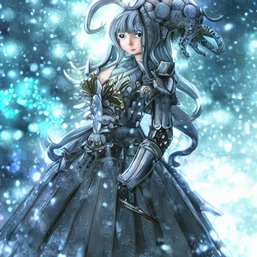 Prompt: portrait focus of knight beautiful 3D anime girl, octopus armor wearing, dark forest background, snowing, bokeh, inspired by Masami Kurumada, digital painting, high contrast, unreal engine render, volumetric lighting, high détail