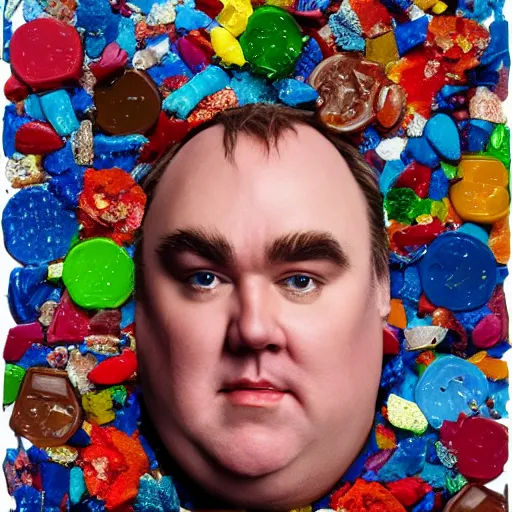 Prompt: a portrait of of john candy constructed from candy, collage, drop shadow, organic, layered composition, layers, texture, mcu, petals, highly textured, layered, sculpted, dynamic,