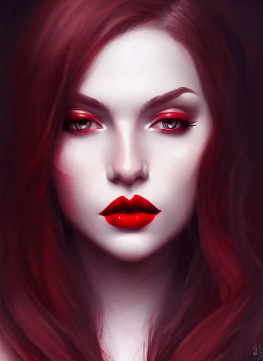 Image similar to portrait of female, red lips, dark hair, intricate, elegant, highly detailed, digital painting, artstation, concept art, smooth, sharp focus, illustration