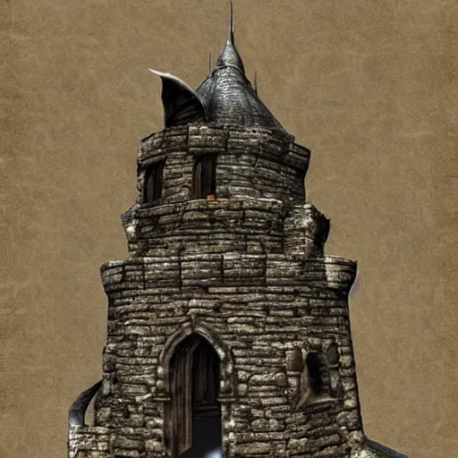 Image similar to Elder Scrolls Skyrim castle tower that is shaped like a fox head, digital art