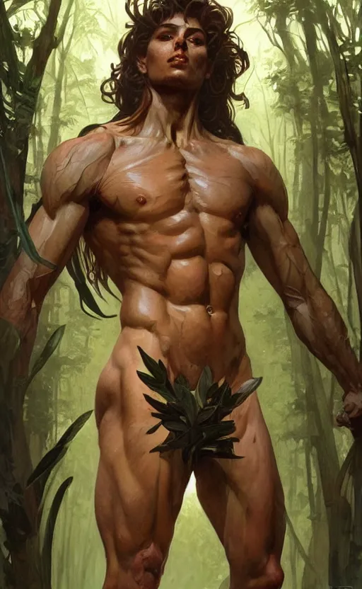 Prompt: young god of the forest, male, gorgeous, detailed face, anatomically correct hands!!!!!!, amazing, thighs!!!!!!, muscular, intricate, highly detailed, digital painting, artstation, concept art, sharp focus, illustration, art by greg rutkowski and alphonse mucha