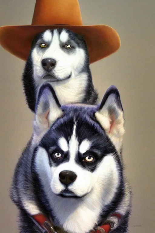 Prompt: a portrait painting of a husky in cowboy costume in the style of anime, character design, a fistful of dollars, per un pugno di dollari