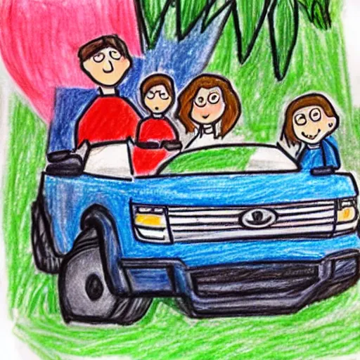 Image similar to a todler's drawing of a family and their suv