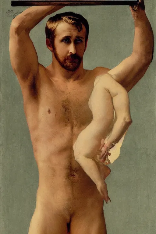 Image similar to body portrait of ryan gosling posing as a wrestler, colour painting by norman rockwell, guidi prime background by carl spitzweg