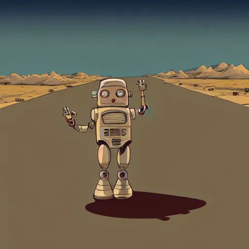 Prompt: a study of cell shaded cartoon of a robot dancing on a desert road, full body, wide shot, very muted colors, post grunge, studio ghibli, laurie greasley, highly detailed, deviantart, art by artgem