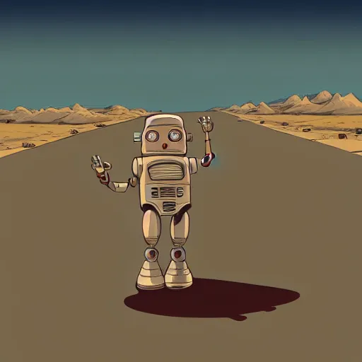 Image similar to a study of cell shaded cartoon of a robot dancing on a desert road, full body, wide shot, very muted colors, post grunge, studio ghibli, laurie greasley, highly detailed, deviantart, art by artgem