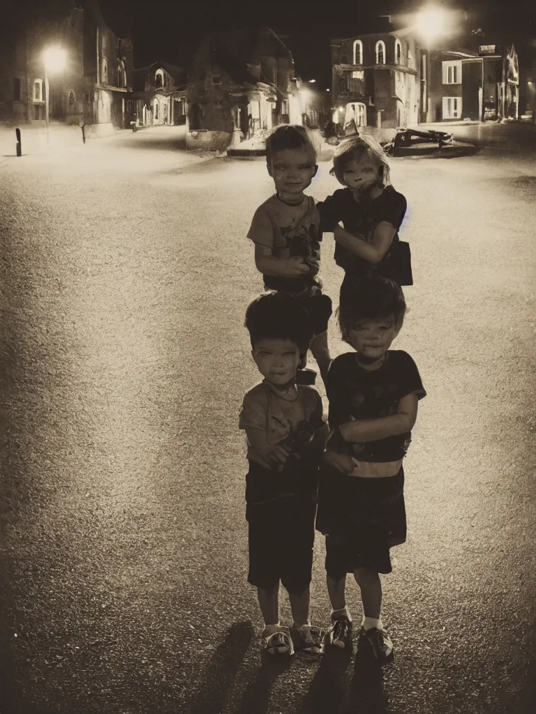 Prompt: two kids posing for a picture at night, dark, backlighting, small village, town square, old color polaroid