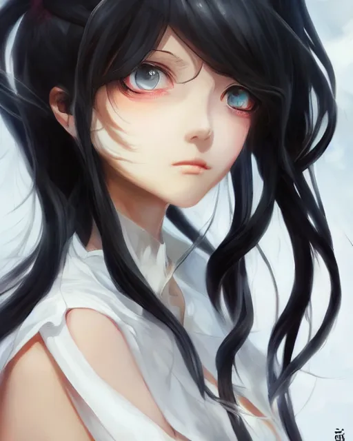 Prompt: An anime portrait of a beautiful girl with long black hair wearing a white blouse, by Stanley Artgerm Lau, WLOP, Rossdraws, James Jean, Andrei Riabovitchev, Marc Simonetti, and Sakimichan, tranding on artstation