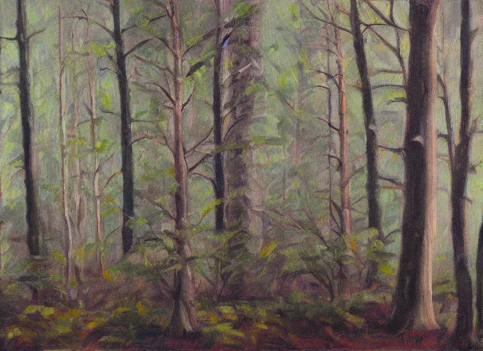 Image similar to forest hiding pagan ritual lights, oil on canvas