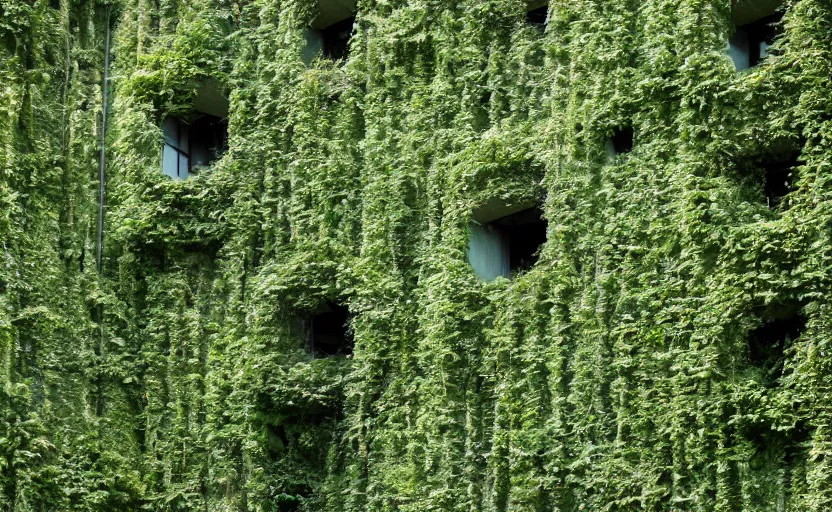 Image similar to a futuristic and overgrown brutalist building in the dolomites overgrown with ivy