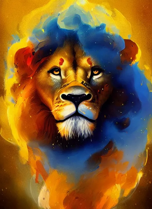 Prompt: a painting of a lion's face with blue and yellow smoke coming out of, a digital painting by petros afshar, behance contest winner, digital art, behance hd, digital illustration, digital painting