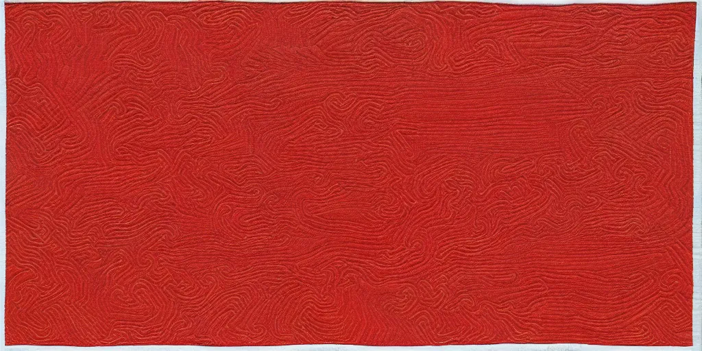 Prompt: modernist interior, seen from above, by René Laloux, line brush, minimal, red, plain background, embroidered on a quilt