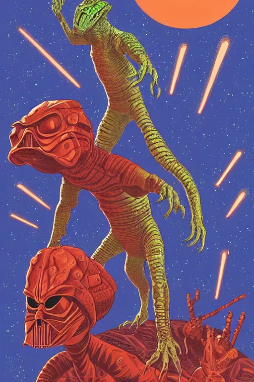 Image similar to pulp reptilian star wars with astronout in red planet, higly detailed