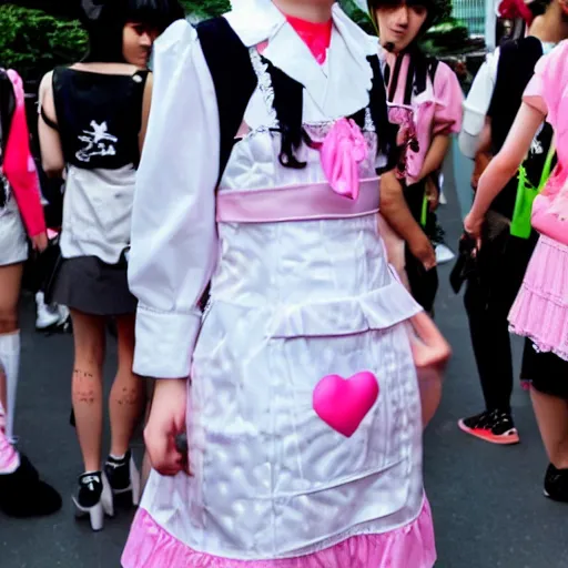 Prompt: martin shkreli in kawaii maid dress at harajuku tokyo street fashion event, a professional high quality photo from vogue magazine