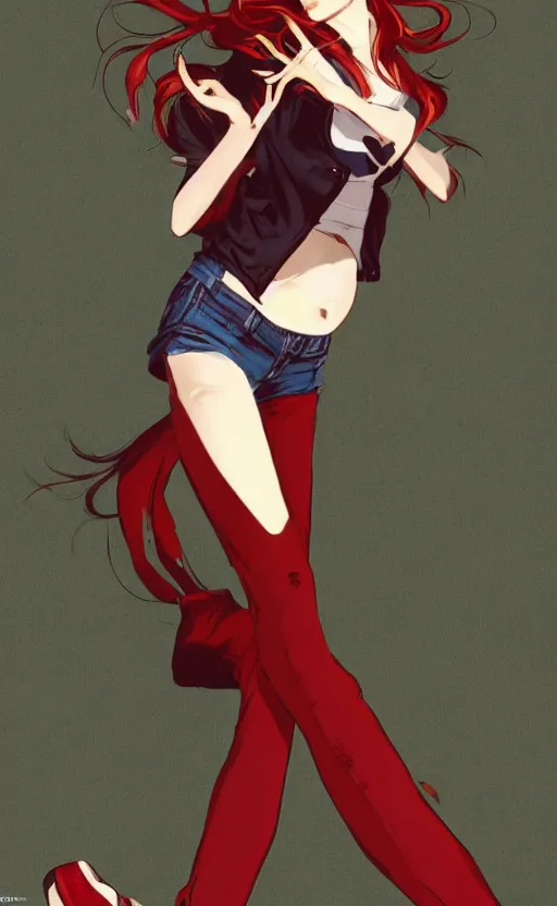 Prompt: full-body shot of an attractive tomboy girl with long, crimson red hair and red eyes, wearing a brown, open jacket and green jeans with a stern look, midriff, concept art, character design, by WLOP, by Tomine, by Satoshi Kon, by Rolf Armstrong