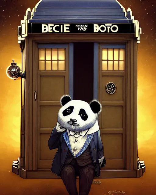 Image similar to anthropomorphic art of a detective panda inside tardis, victorian inspired clothing by artgerm, victo ngai, ryohei hase, artstation. fractal papersand books. highly detailed digital painting, smooth, global illumination, fantasy art by greg rutkowsky, karl spitzweg, doctor who