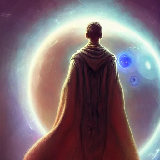 Prompt: sci - fi male traveler wearing a cloak and holding a holographic planet projection in his hand, detailed, sci - fi, digital painting, artstation, sharp focus, illustration, ominous, artgerm, tomasz alen kopera, peter mohrbacher, donato giancola, joseph christian leyendecker, wlop, frank frazetta