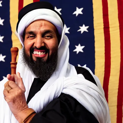 Image similar to trump as an imam, smiling, 4 k, detailed, photograph, realistic