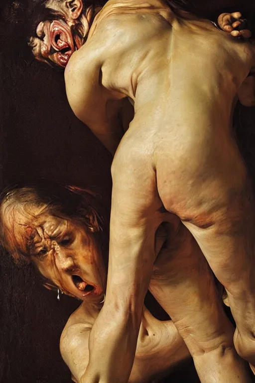 Prompt: a woman enraged, part by Jenny Saville, part by Rembrandt