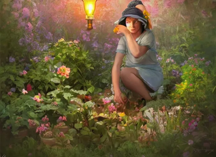 Image similar to a woman with a miner ’ s lamp on her head tending her garden at midnight, digital art, cgsociety, night like colours, garden full of flowers