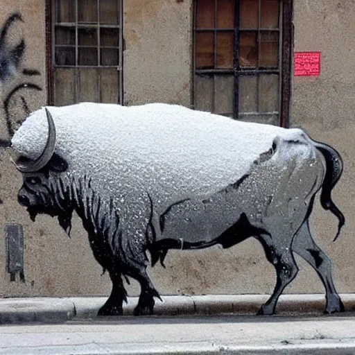 Image similar to a buffalo covered in flour in the middle of the street, graffiti banksy art